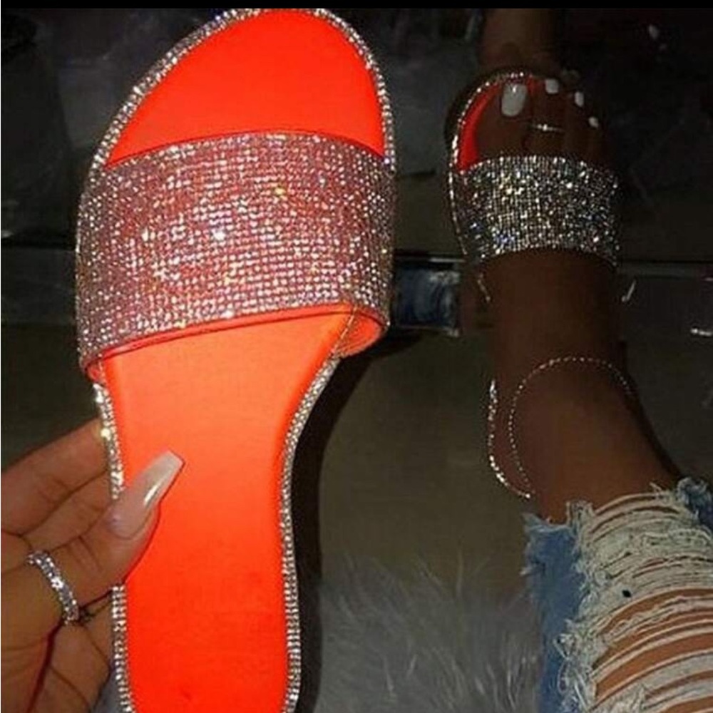 Elegant Orange and Silver Rhinestone Slide Sandals